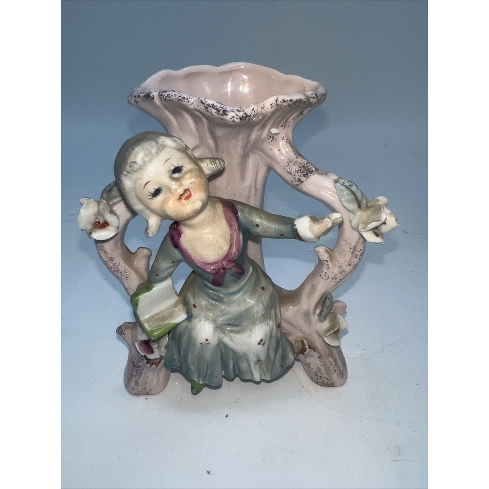 VINTAGE PORCELAIN PINK GOLD TRIM VASE Victorian Girl Reading Book